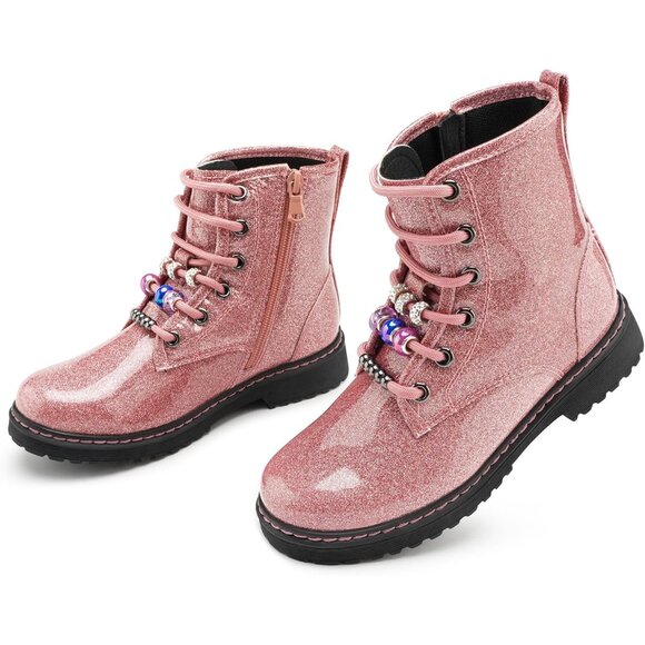 Kids Pink Glitter Boots Toddler Girl Boots DIY Combat Ankle Boots Side Zipper - Picture 1 of 2